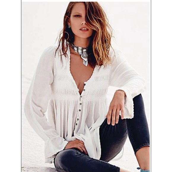 Free People Bluebird Smocked Boho Peasant Top - Picture 1 of 8